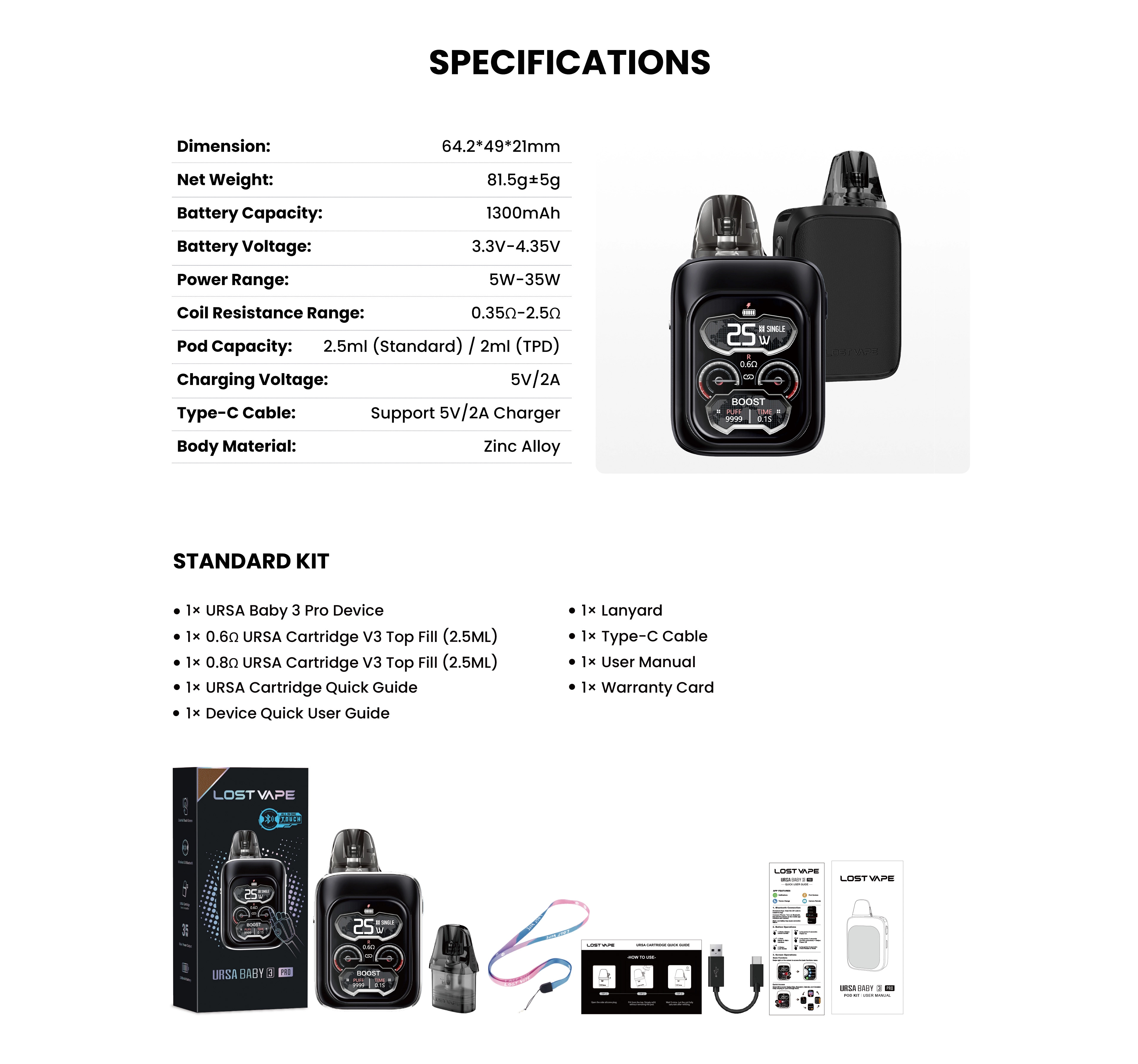 Lost Vape URSA Baby 3 Pro Pod 1300mAh Black Carbon