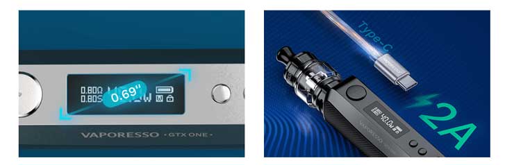 vaporesso GTX ONE OLED display and 2A charging